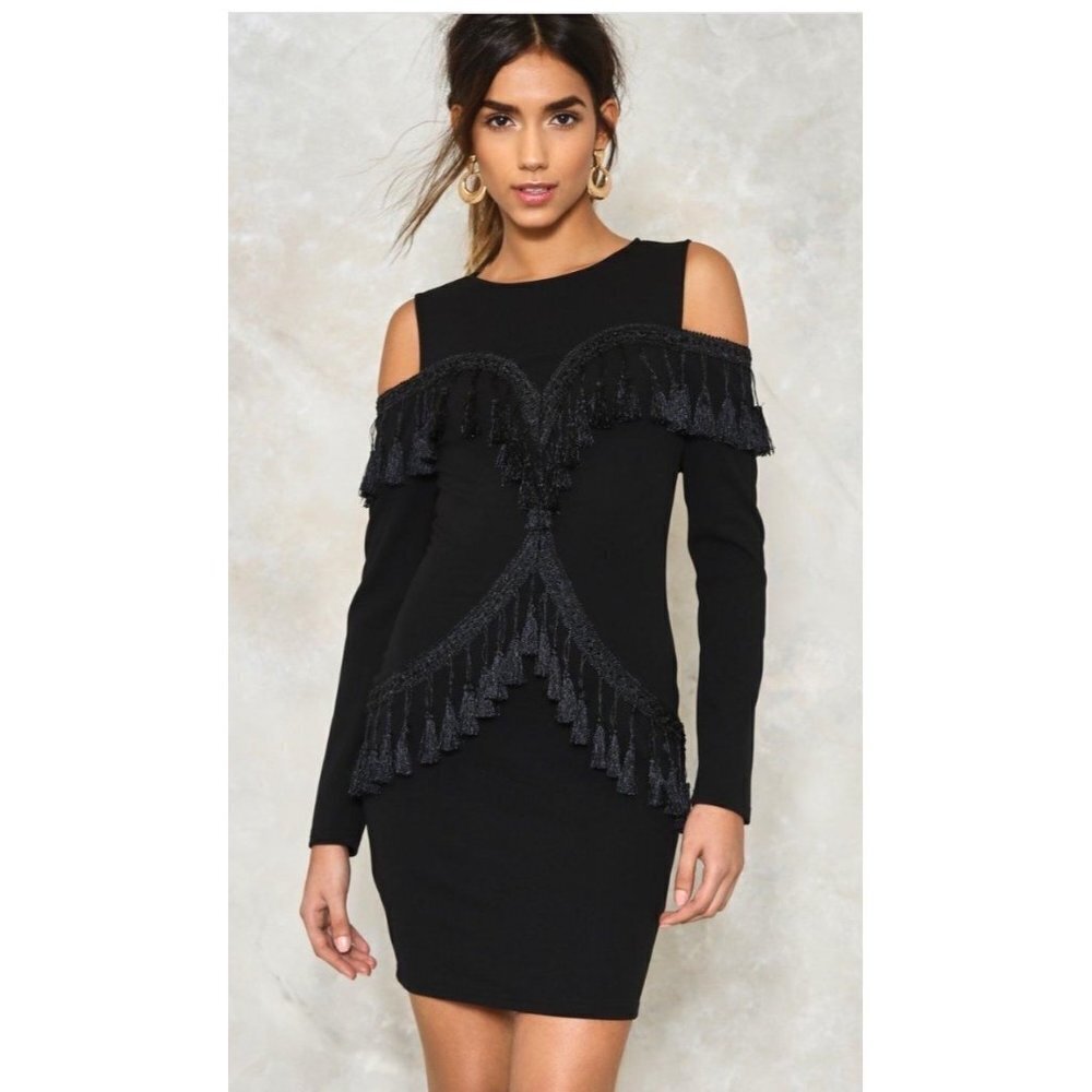 Vera & Lucy Shake It Tassel Black Cold Shoulder Bodycon Mini Dress Women's Small